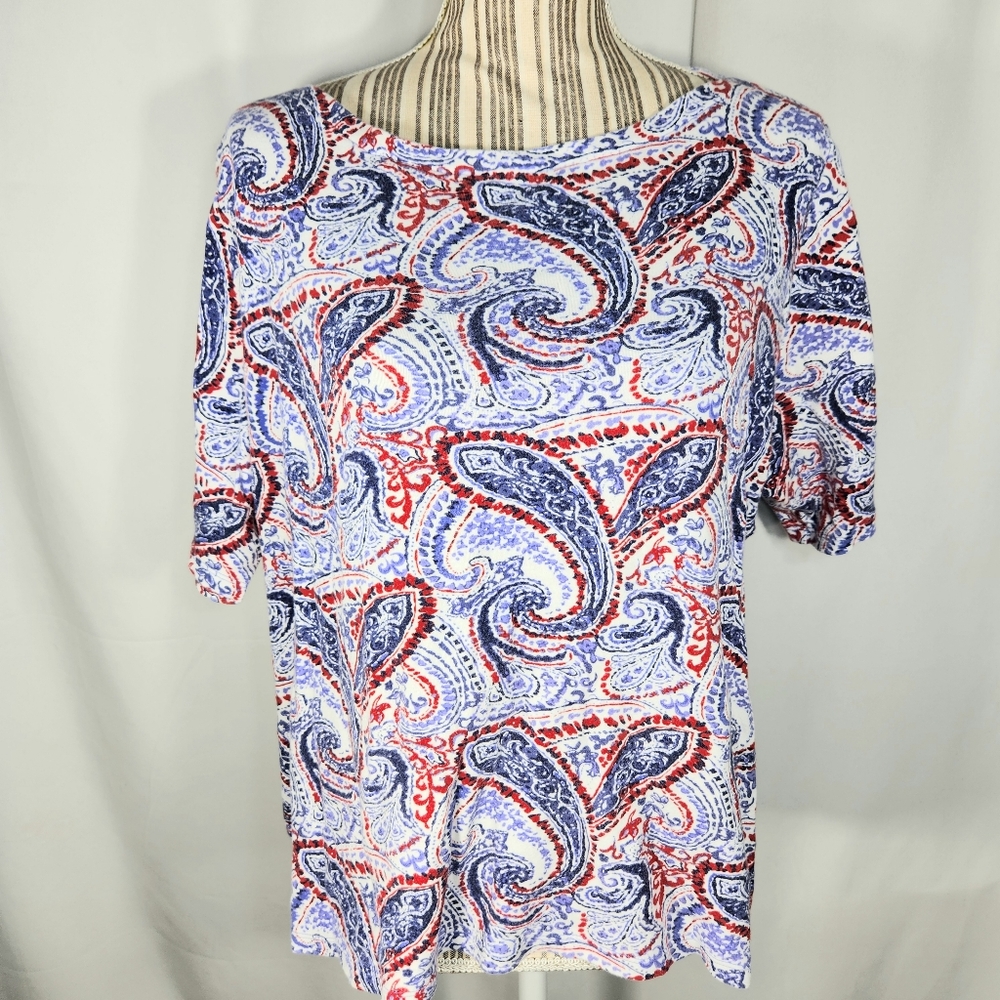 Charter Club Pima Cotton Red White Blue Paisley Short Sleeve Top Plus Size 2X
